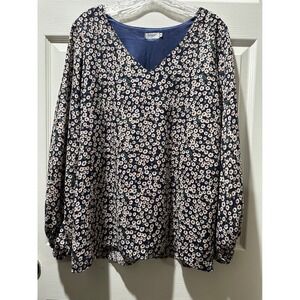 Qearal Women's Navy Floral V Neck‎ Long Sleeve Blouse Size M Cottagecore Spring